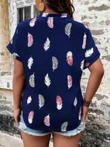 SHEIN LUNE Blusa con estampado de pluma de manga murciélago - Azul Marino - Ver 2