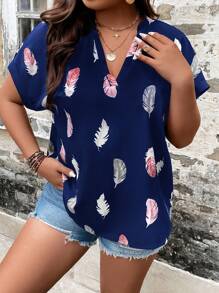 SHEIN LUNE Blusa con estampado de pluma de manga murciélago - Azul Marino - Ver 4