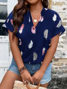 SHEIN LUNE Blusa con estampado de pluma de manga murciélago - Azul Marino - Ver 5