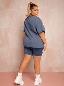 SHEIN SXY Plus Figure & Letter Graphic Drop Shoulder Tee - Dusty Blue - View 2
