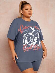 SHEIN SXY Plus Figure & Letter Graphic Drop Shoulder Tee - Dusty Blue - View 4