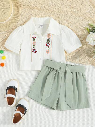 SHEIN 女童刺繡前扣泡泡袖襯衫配短褲和配飾腰帶套裝，夏季