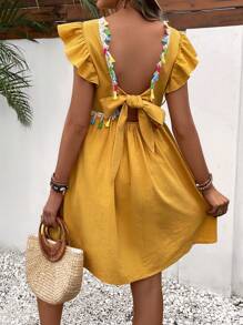 SHEIN Maternity Tie Backless Tassel Trim Ruffle Sleeve Dress - Mustard Yellow - View 3