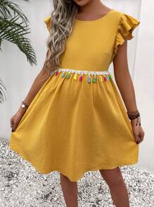 SHEIN Maternity Tie Backless Tassel Trim Ruffle Sleeve Dress - Mustard Yellow - View 5