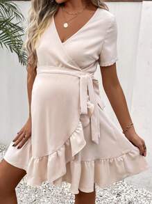SHEIN Maternidad Vestido ribete con fruncido cruzado con nudo lateral - Albaricoque - Ver 5