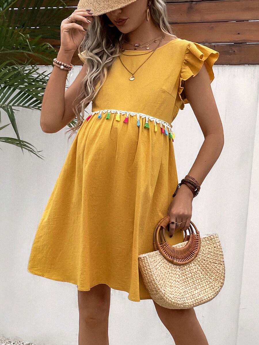 SHEIN Maternity Tie Backless Tassel Trim Ruffle Sleeve Dress - Mustard Yellow - View 1
