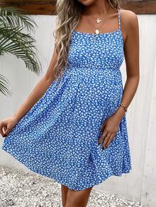 SHEIN 孕婦碎花露背繫帶吊帶洋裝 - 藍白色 - 查看 2