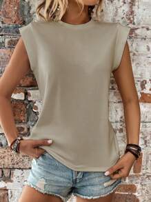 SHEIN LUNE Solid Round Neck Tee - Apricot - View 5