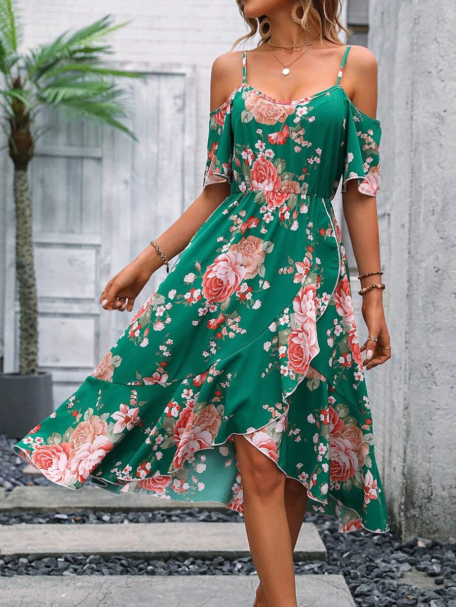 SHEIN LUNE Floral Print Cold Shoulder Ruffle Hem Dress - Dark Green - View 1
