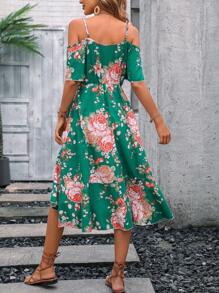 SHEIN LUNE Floral Print Cold Shoulder Ruffle Hem Dress - Dark Green - View 2