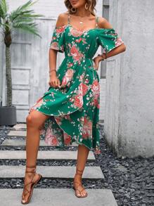 SHEIN LUNE Floral Print Cold Shoulder Ruffle Hem Dress - Dark Green - View 3