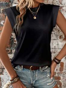SHEIN LUNE Camiseta unicolor de cuello redondo - Negro - Ver 1