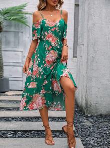SHEIN LUNE Floral Print Cold Shoulder Ruffle Hem Dress - Dark Green - View 4