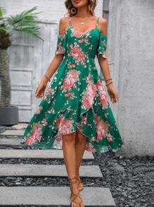 SHEIN LUNE Floral Print Cold Shoulder Ruffle Hem Dress - Dark Green - View 5