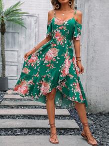 SHEIN LUNE Floral Print Cold Shoulder Ruffle Hem Dress - Dark Green - View 6