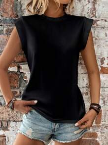 SHEIN LUNE Camiseta unicolor de cuello redondo - Negro - Ver 5