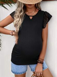 SHEIN Maternity Keyhole Neckline Butterfly Sleeve Tee - Black - View 4