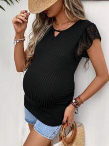 SHEIN Maternity Keyhole Neckline Butterfly Sleeve Tee - Black - View 3