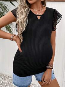 SHEIN Maternity Keyhole Neckline Butterfly Sleeve Tee - Black - View 1