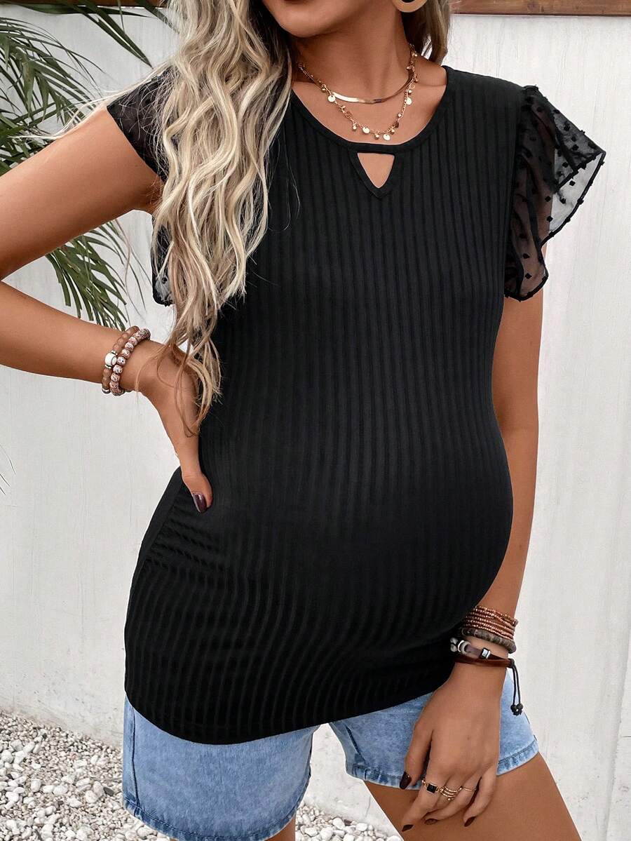 SHEIN Maternity Keyhole Neckline Butterfly Sleeve Tee - Black - View 1