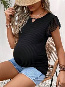 SHEIN Maternity Keyhole Neckline Butterfly Sleeve Tee - Black - View 5