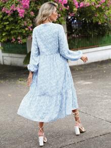 SHEIN VCAY Vestido smock floral jacquard de manga farol bajo con fruncido - Celeste - Ver 2