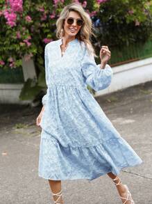 SHEIN VCAY Vestido smock floral jacquard de manga farol bajo con fruncido - Celeste - Ver 3