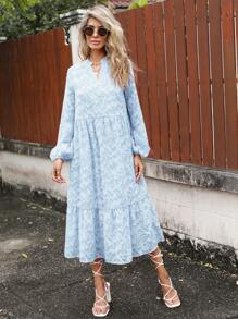 SHEIN VCAY Vestido smock floral jacquard de manga farol bajo con fruncido - Celeste - Ver 5