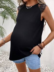 SHEIN Maternity Contrast Lace Raglan Sleeve Tee - Black - View 5