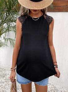 SHEIN Maternity Contrast Lace Raglan Sleeve Tee - Black - View 6
