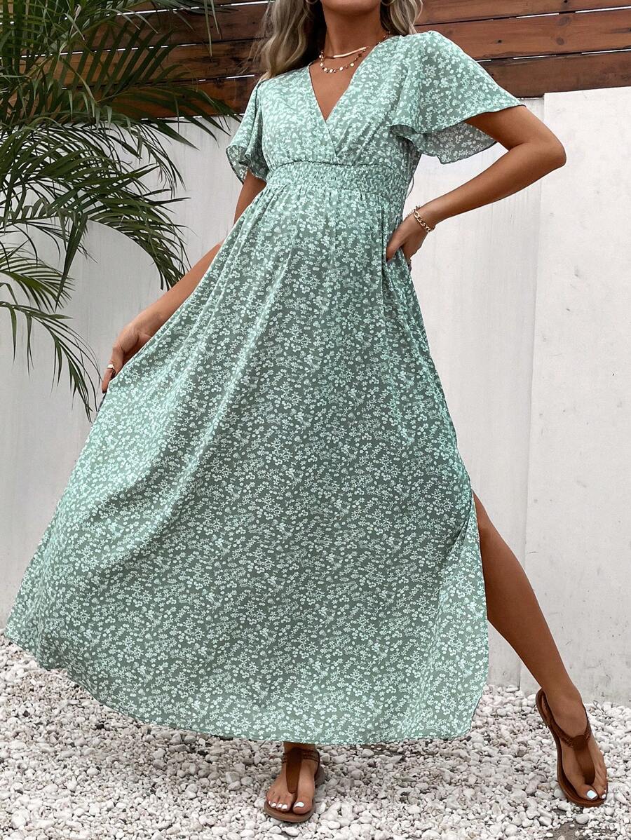 SHEIN 孕妇碎花印花蝴蝶袖开叉大腿连衣裙