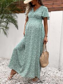 SHEIN 孕妇碎花印花蝴蝶袖开叉大腿连衣裙