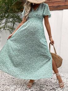 SHEIN 孕妇碎花印花蝴蝶袖开叉大腿连衣裙