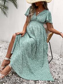 SHEIN 孕妇碎花印花蝴蝶袖开叉大腿连衣裙