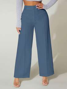 SHEIN PETITE High Waist Wide Leg Pants - Dusty Blue - View 1