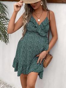 SHEIN Maternity Plant Print Ruffle Trim Cami Dress - Dark Green - View 3