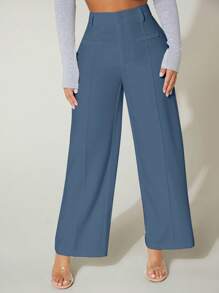 SHEIN PETITE High Waist Wide Leg Pants - Dusty Blue - View 5