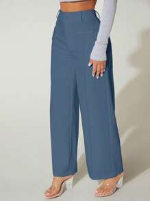 SHEIN PETITE High Waist Wide Leg Pants - Dusty Blue - View 6