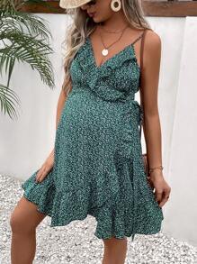 SHEIN Maternity Plant Print Ruffle Trim Cami Dress - Dark Green - View 4