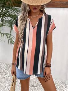 SHEIN Maternity Striped Notched Neckline Batwing Sleeve Blouse - Multicolor - View 1