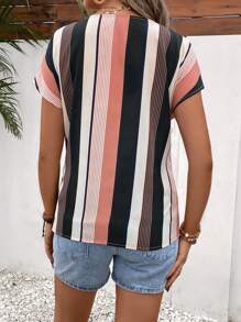 SHEIN Maternity Striped Notched Neckline Batwing Sleeve Blouse - Multicolor - View 2