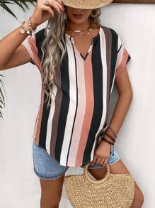 SHEIN Maternity Striped Notched Neckline Batwing Sleeve Blouse - Multicolor - View 3