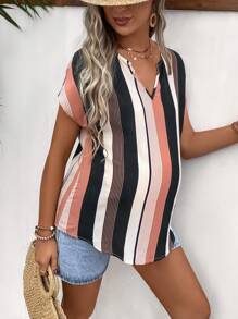 SHEIN Maternity Striped Notched Neckline Batwing Sleeve Blouse - Multicolor - View 4