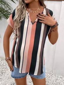 SHEIN Maternity Striped Notched Neckline Batwing Sleeve Blouse - Multicolor - View 6
