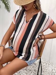 SHEIN Maternity Striped Notched Neckline Batwing Sleeve Blouse - Multicolor - View 7