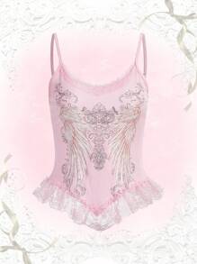 ROMWE Kawaii 翅膀圖案蕾絲拼接吊帶上衣 - 粉色 - 查看 1