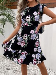 SHEIN Maternity Floral Print Ruffle Hem Dress - Black - View 1