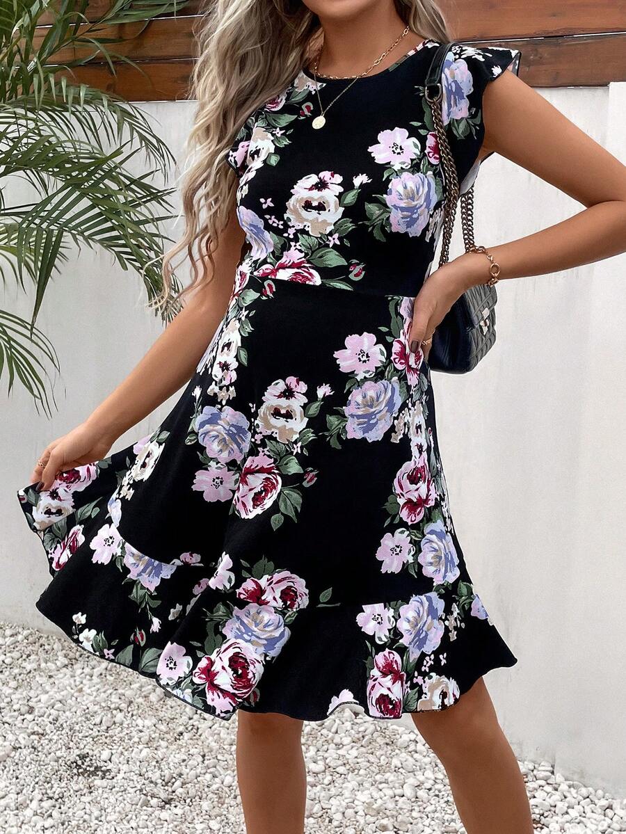 SHEIN Maternity Floral Print Ruffle Hem Dress - Black - View 1