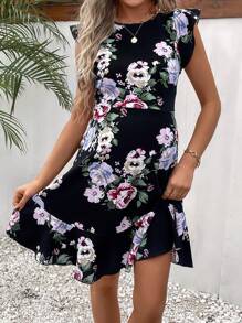 SHEIN Maternity Floral Print Ruffle Hem Dress - Black - View 3