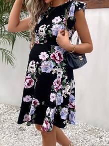 SHEIN Maternity Floral Print Ruffle Hem Dress - Black - View 4
